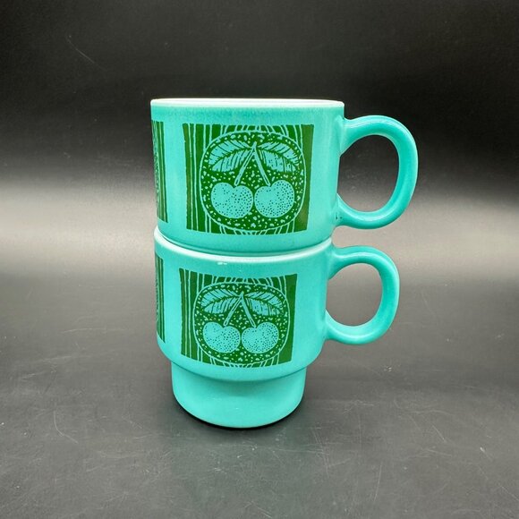 Vintage Milk Glass Mugs Hazel Atlas Teal Green Stacking Fruit Cherry Pear Apple - Picture 8 of 12